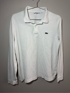 Lacoste Men’s White Long-Sleeve Pique Polo Shirt FR 5 Size L | Croc Logo Preppy